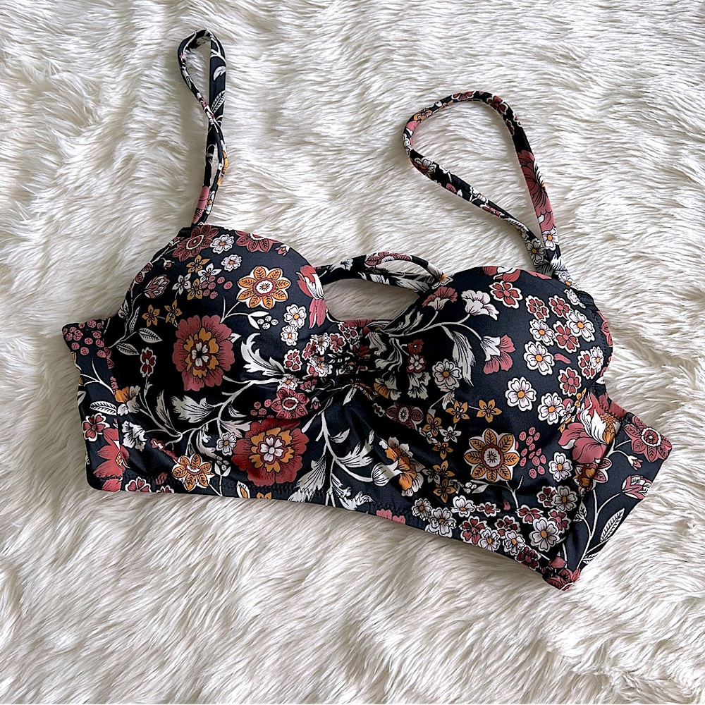 Black Bikini Top with Pink Floral Pattern and Corset Tie Back